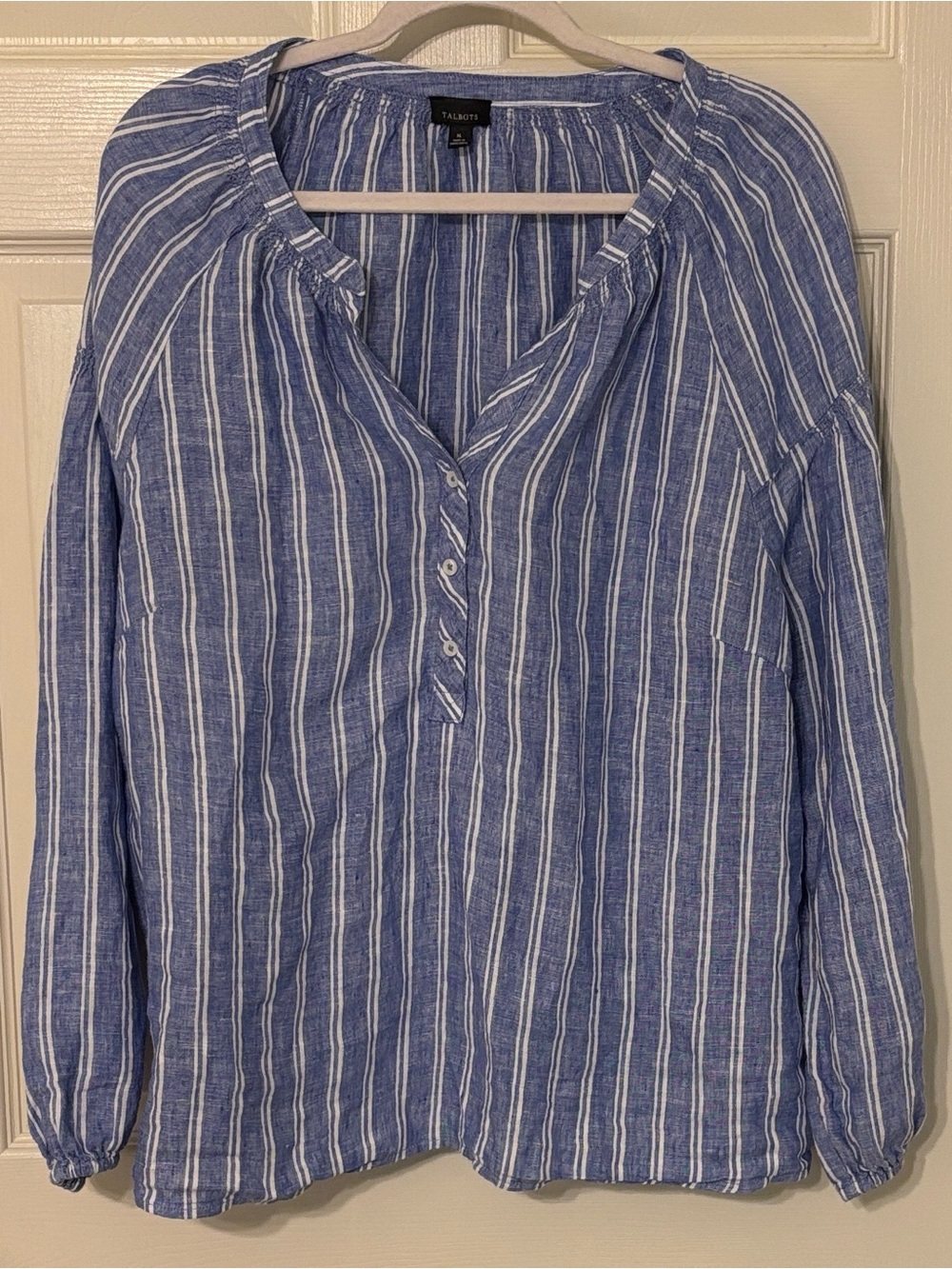 Talbots Blue Striped Women’s Linen Peasant Blouse XL